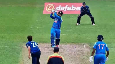 Vaibhav Suryavanshi hits a six during the U19 ODI
