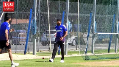 Jasprit Bumrah practices in the nets during Team India's training session.