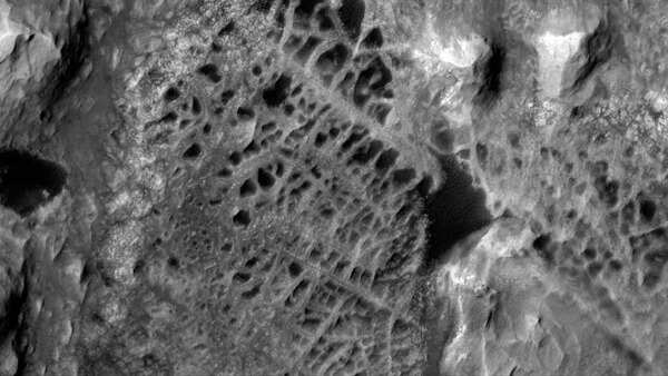 Close-up view of Martian spiderwebs captured by NASA's Curiosity rover.